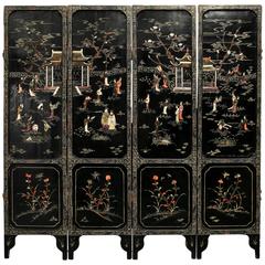 Late 19th Century Soapstone and Lacquer Four Fold Screen