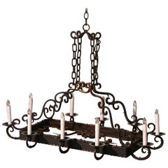 Early 20th Century French Gothic Flat Bottom Iron Ten-Light Chandelier