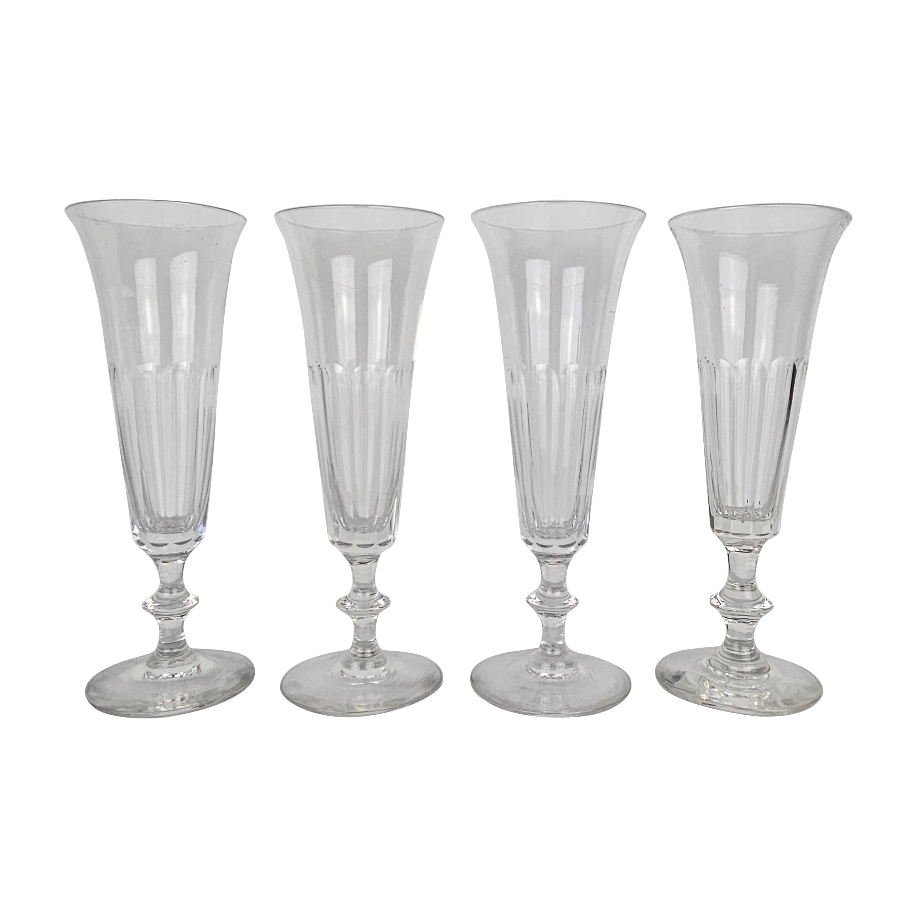 Set of Four French Champagne Flutes in Crystal Glass, Ca. 1880