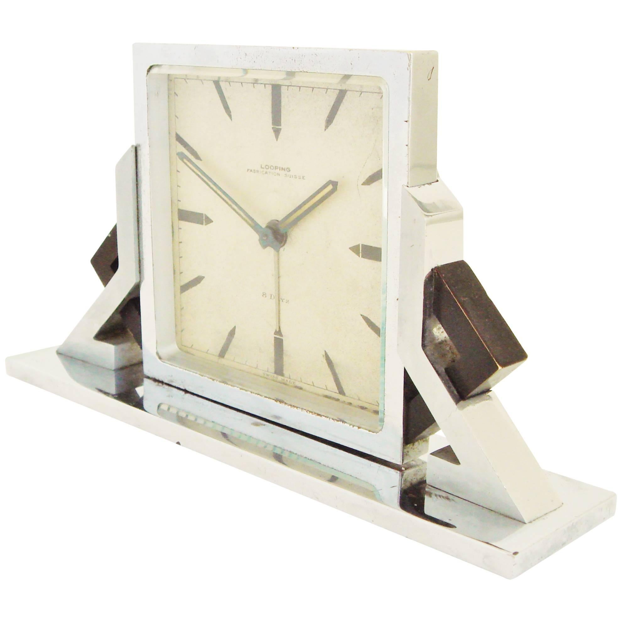 Swiss Art Deco Chrome and Black Enamel Geometric 8-Day Alarm Clock by Looping For Sale
