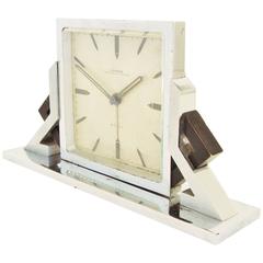 Vintage Swiss Art Deco Chrome and Black Enamel Geometric 8-Day Alarm Clock by Looping