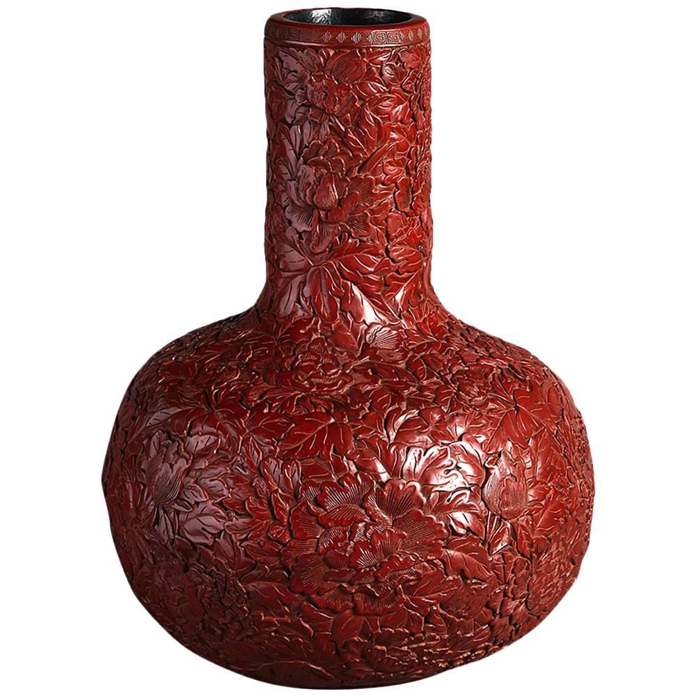 Large 20th Century Cinnabar Lacquer Gourd Vase