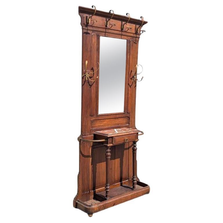 Antiker französischer Dielenbaum mit Spiegel, Garderobe, viktorianisch, Messing, Marmor