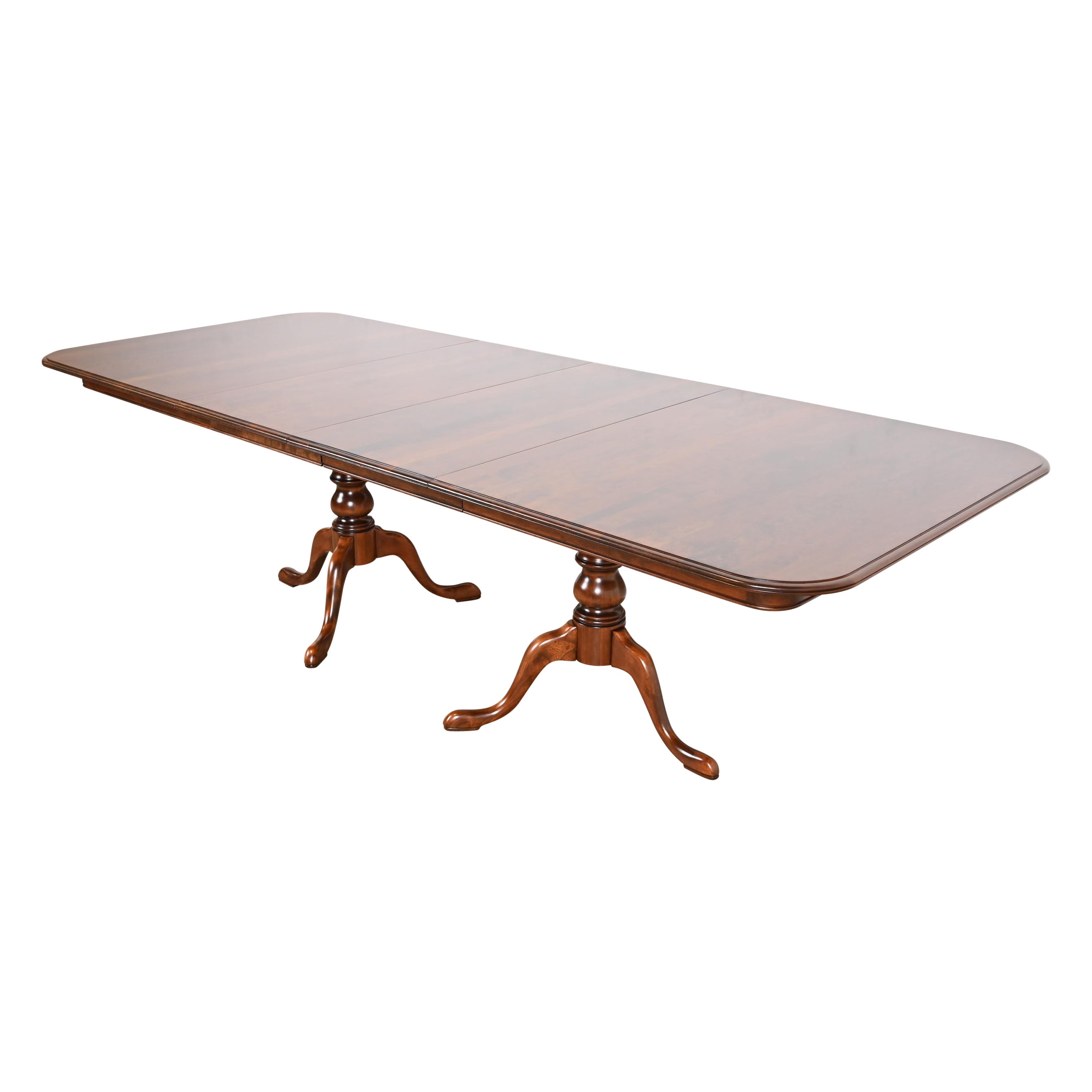 Georgian Solid Cherry Wood Double Pedestal Extension Dining Table, Refinished