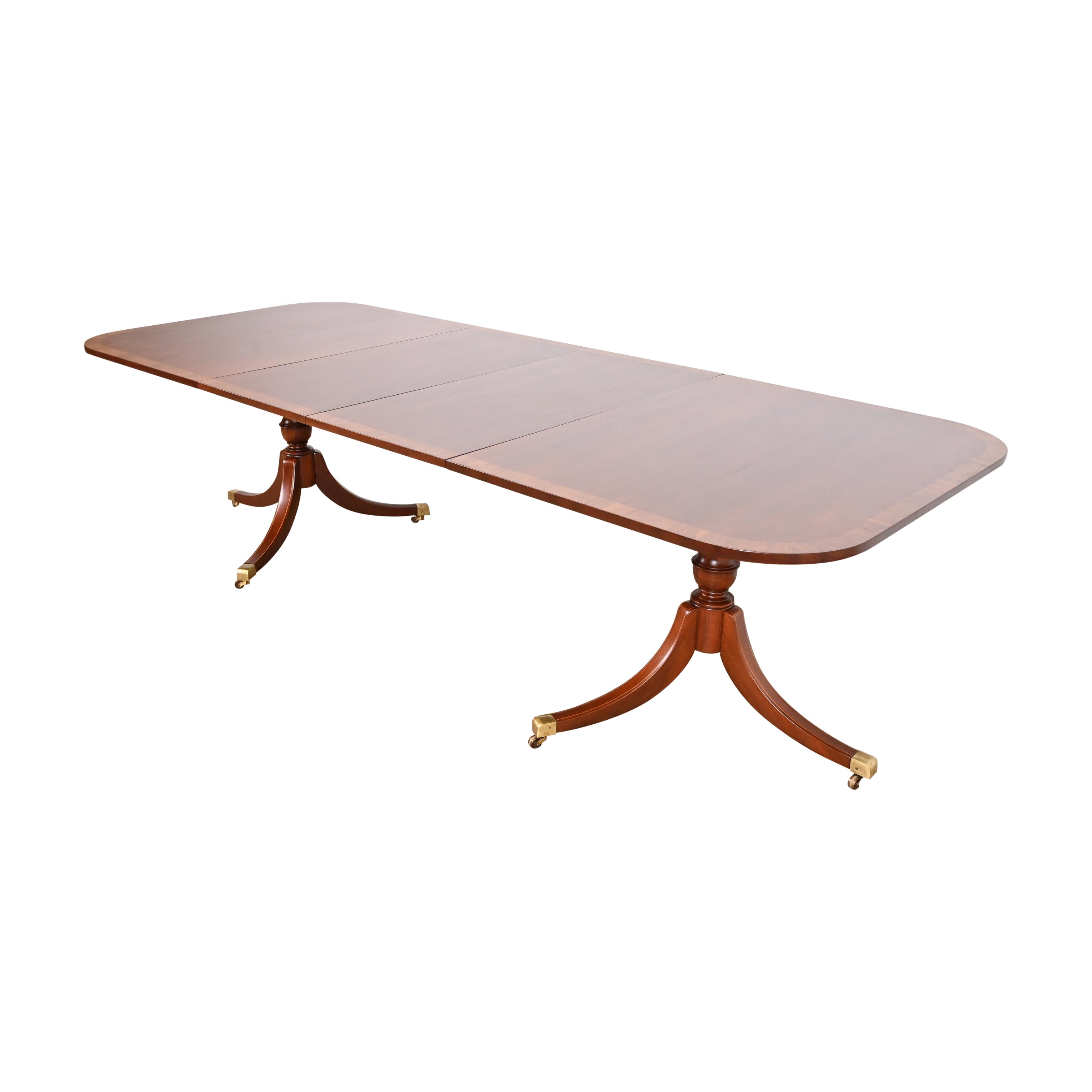 Baker Furniture Stil Georgianischer Esstisch aus Mahagoni mit doppeltem Sockel aus gebändertem Mahagoni