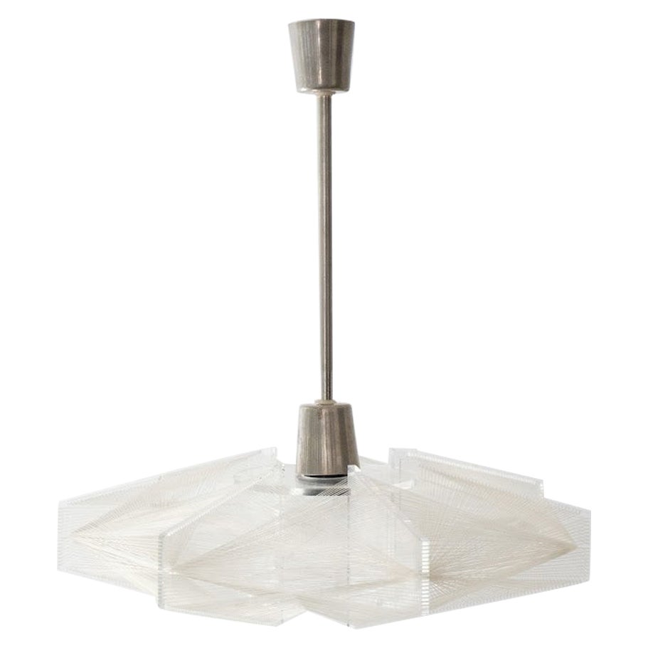 Geometric, nylon thread pendant lamp by Paul Secon for Sompex, Germany with sleek metal fixture resulting in a modern and sophisticated look. The lamp is estimated to originate from the '60s, '70s. 