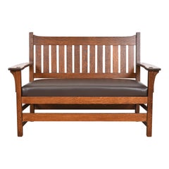 L. & J. G. Stickley Antique Mission Oak Arts & Crafts Open Arm Settee, Restored