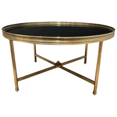 Large Round Brass Coffee Table with Black Lacquered Glass Top by Maison Jansen
