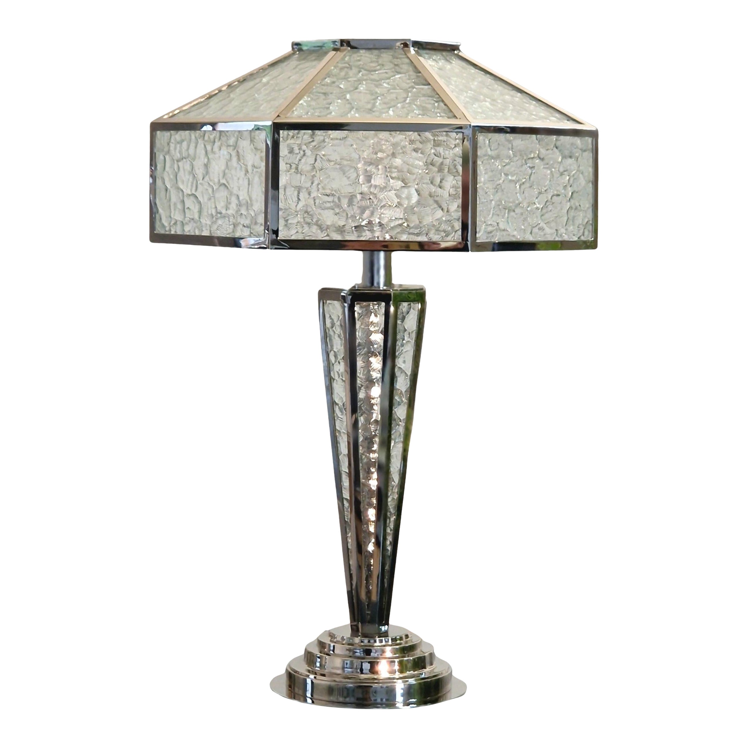 Art Deco Octogonal  Lamp With Nickel Finish and Monumental glass