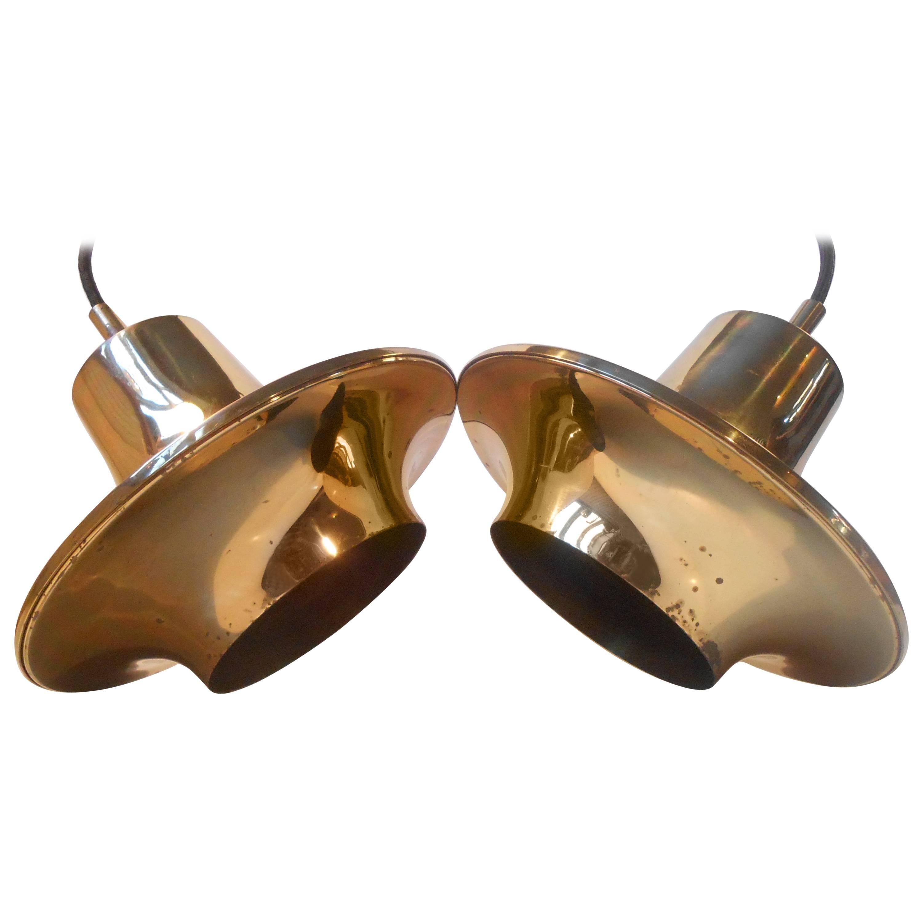 Hans-Agne Jakobsson Pair of Solid Brass Saucer Pendant Lamps, 60s Swedish Modern