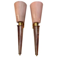 PAUL - Pair of Art Deco Pink Conical Murano Wall Sconces, Brass Fittings, 1940s