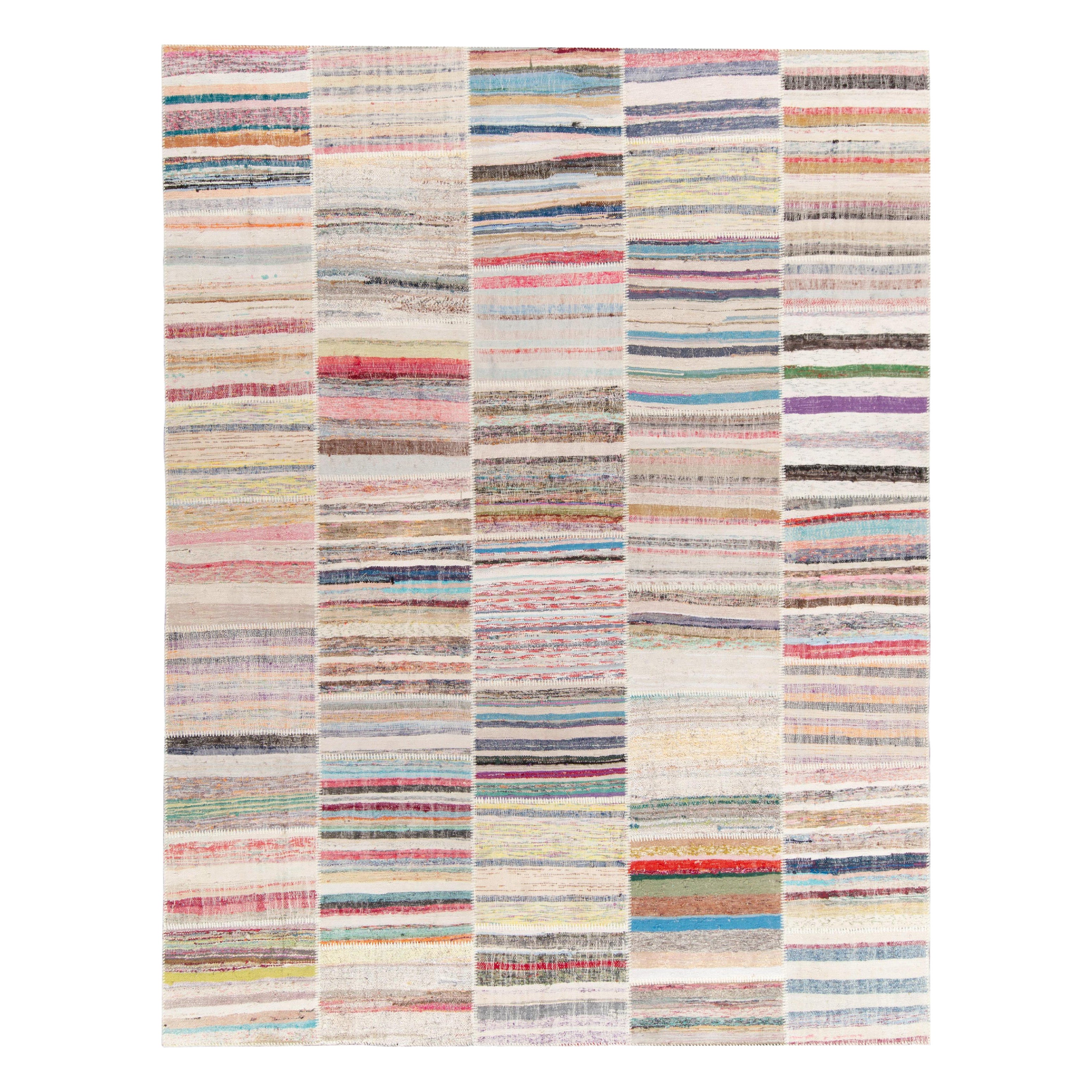 Rug & Kilim's Handwoven Modern Patchwork Kilim Rug in Multicolor Striation