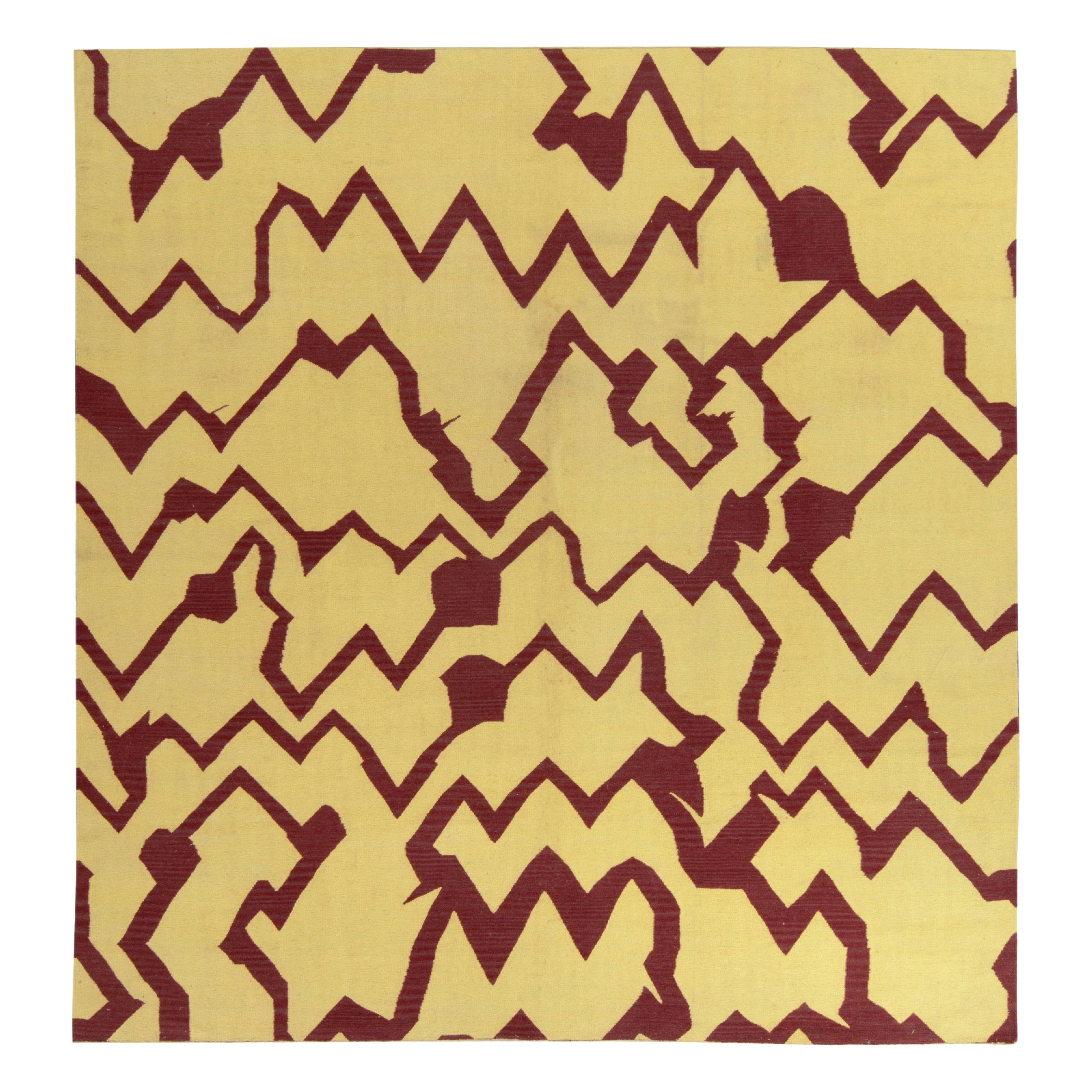 Rug & Kilim's Contemporary Dhurrie Flatweave, Yellow, Maroon Geometric Pattern For Sale