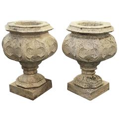 Pair of English Garden Stone Urns in the Gothic Style Antique Pair of English Garden Stone Urns in the Gothic Style