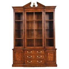 Henredon Georgian Carved Mahogany Lighted Breakfront Bookcase Cabinet