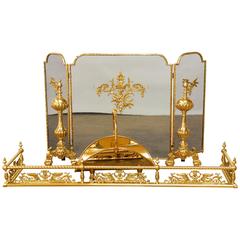 Regency Brass Andirons and Fender Fireplace Set