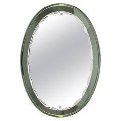 Large Sage Green Oval Double Beveled Mirror by Cristal Luxor, Italy 1960s