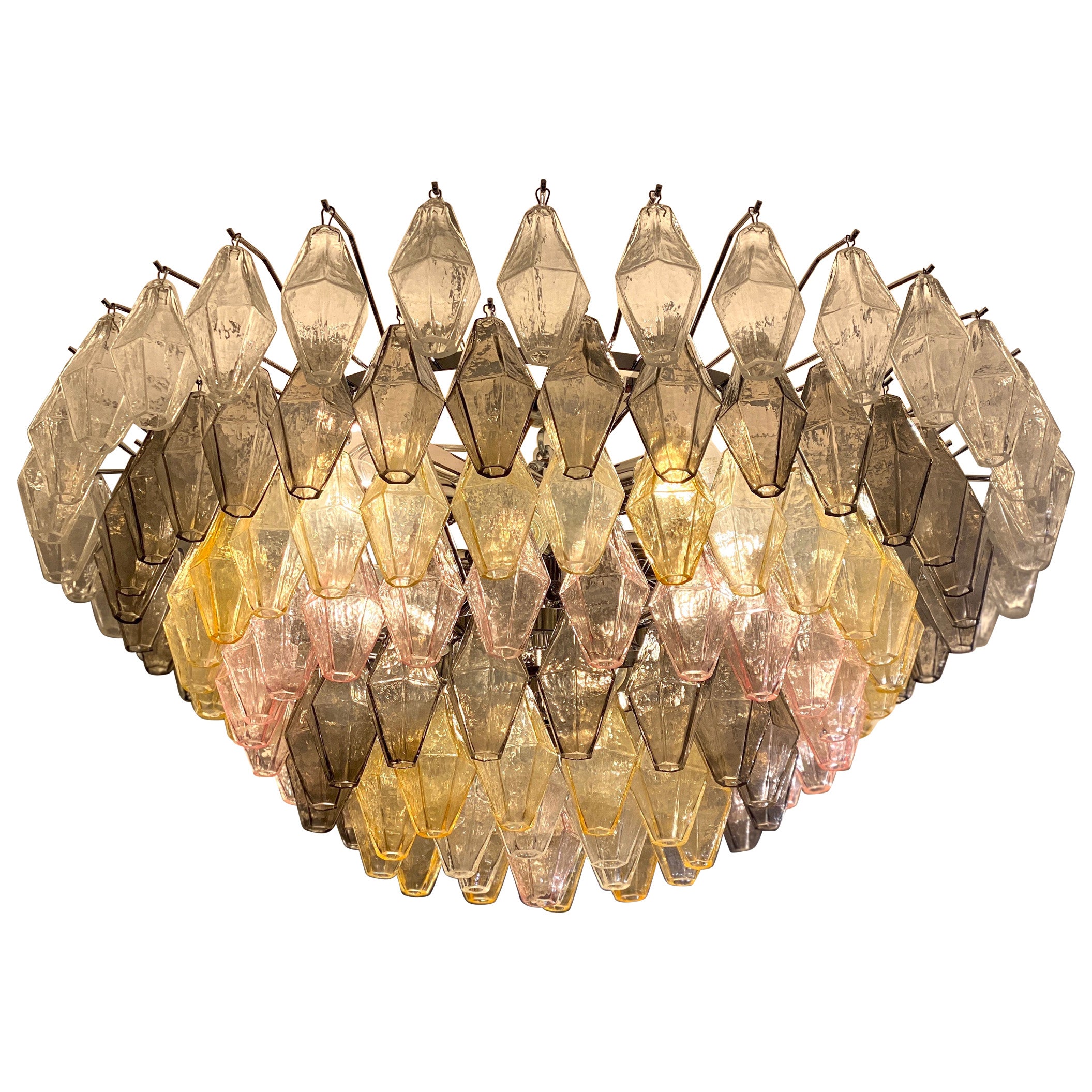 Ambre, gris et rose  Grand lustre ou plafonnier en verre de Murano Poliedri en vente