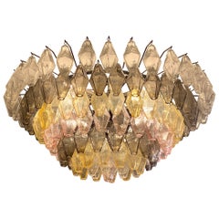 Ambre, gris et rose  Grand lustre ou plafonnier en verre de Murano Poliedri
