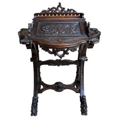 Antique French Writing Desk Secretary Louis XV Carved Oak Renaissance c1890