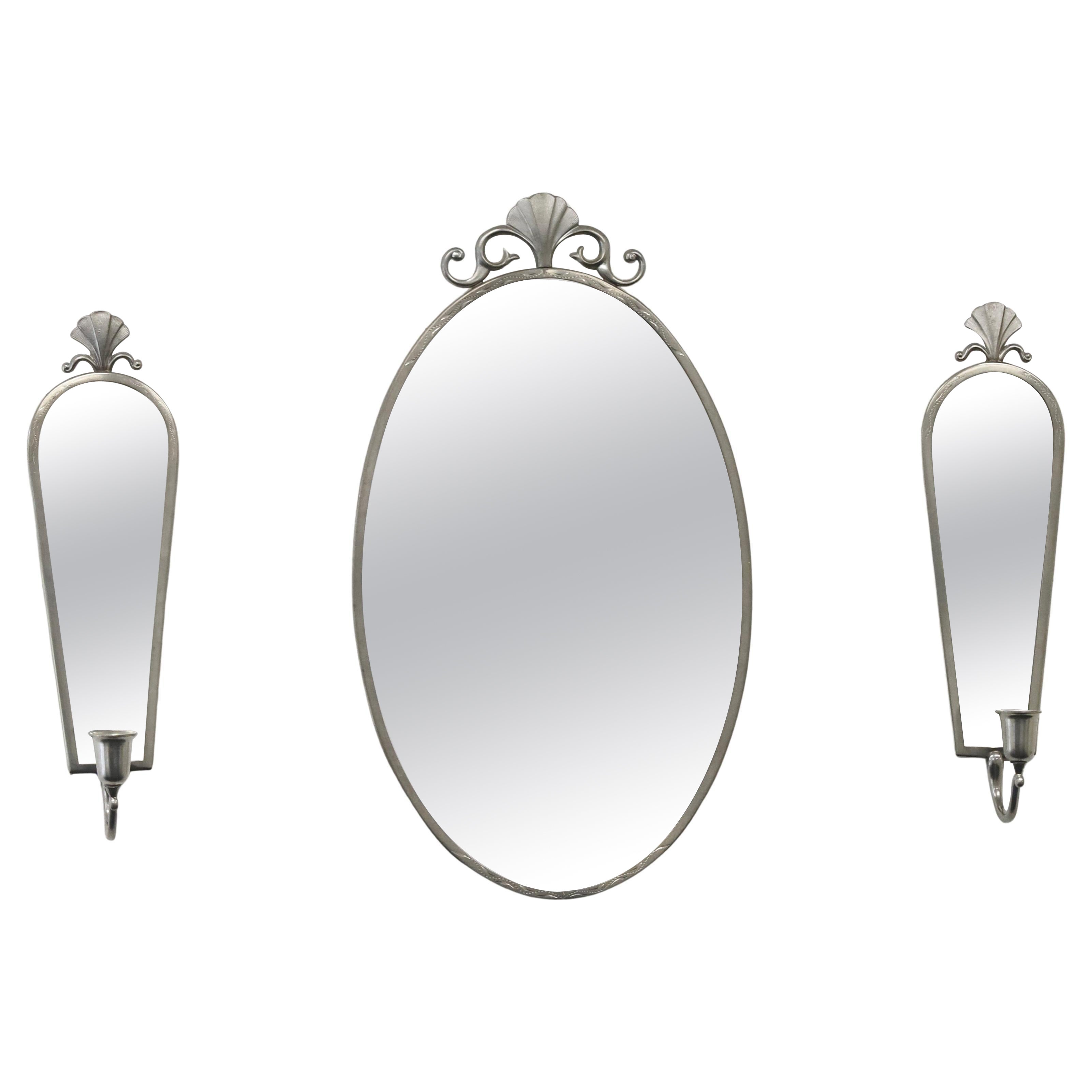 Set schwedischer Grace-Wandspiegel und Kerzenleuchter aus Zinn, 1930er Jahre, Schweden