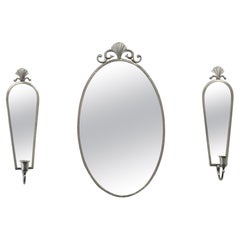 Juego de espejo de pared y candelabros de peltre Grace sueco, años 30, Suecia