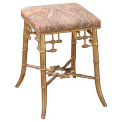 19th Century Carved Bamboo Stool with Upholstery