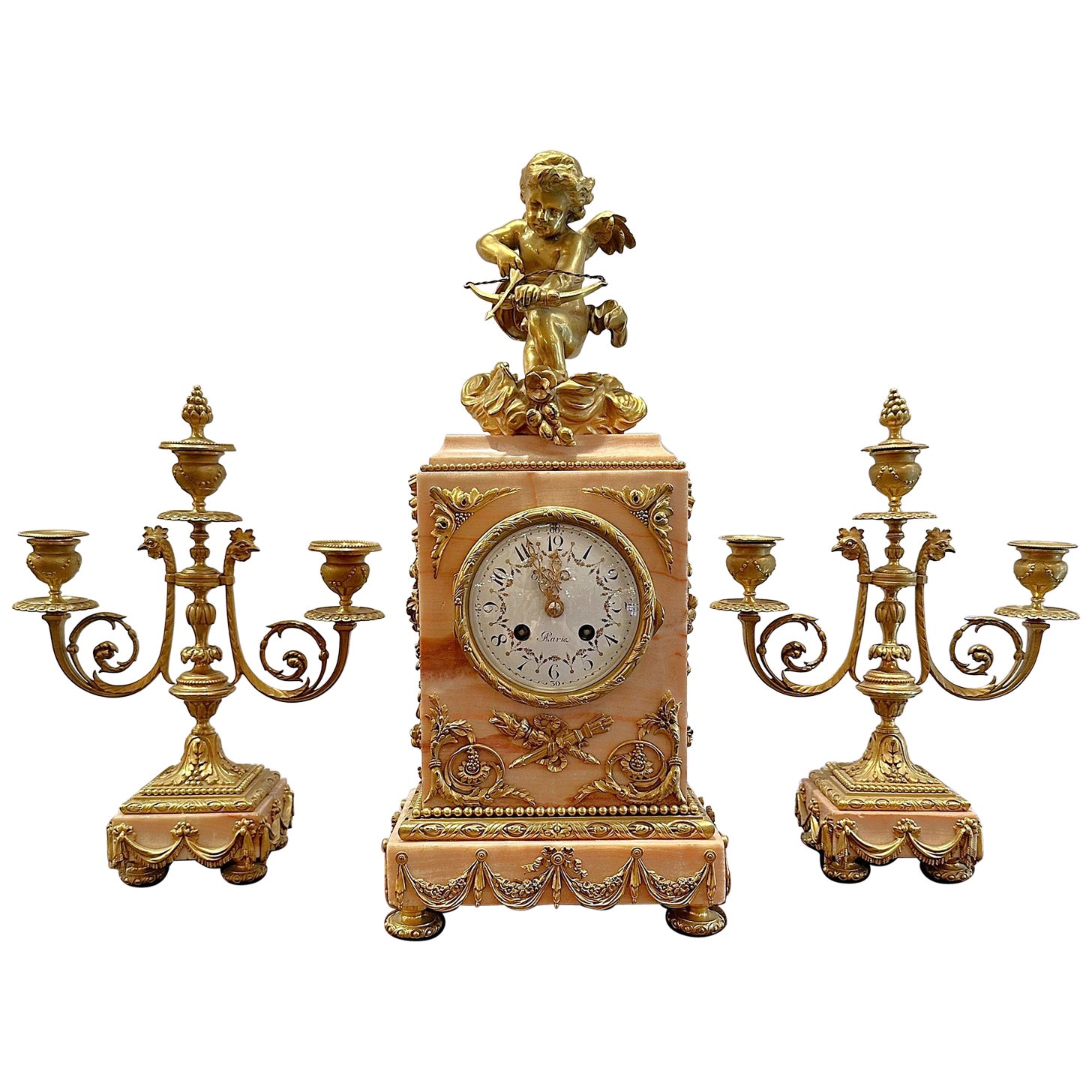 Antique French Pink Marble & Ormolu 3 Piece Clock Garniture Set, Circa 1880-1890