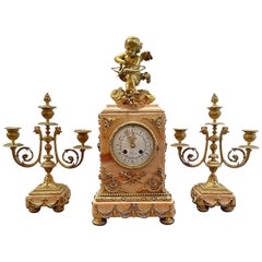 Antique French Pink Marble & Ormolu 3 Piece Clock Garniture Set, CIRCA 1880-1890