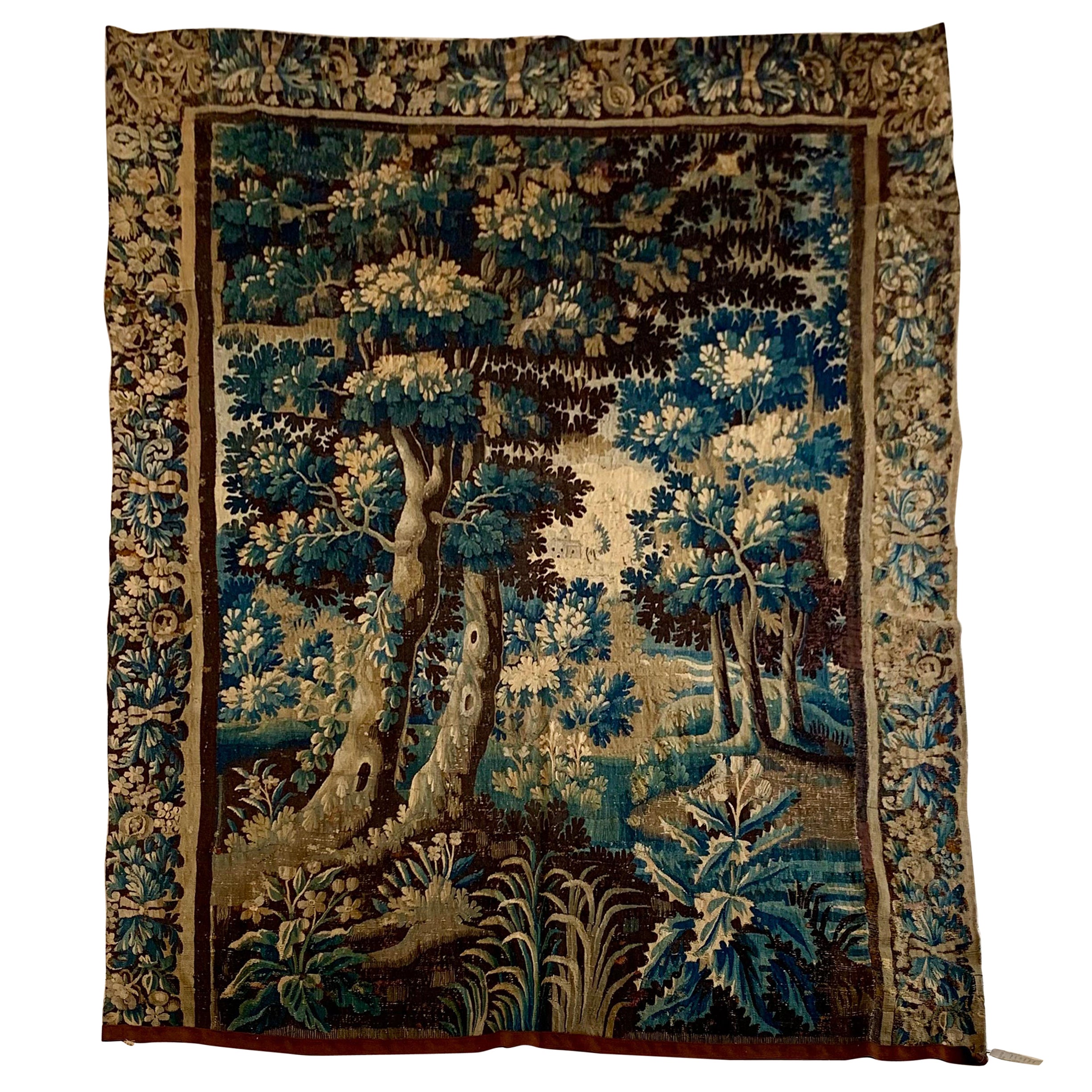 Antiguo Tapiz Flamenco del Siglo XVII Paisaje Vertical de Verdura
