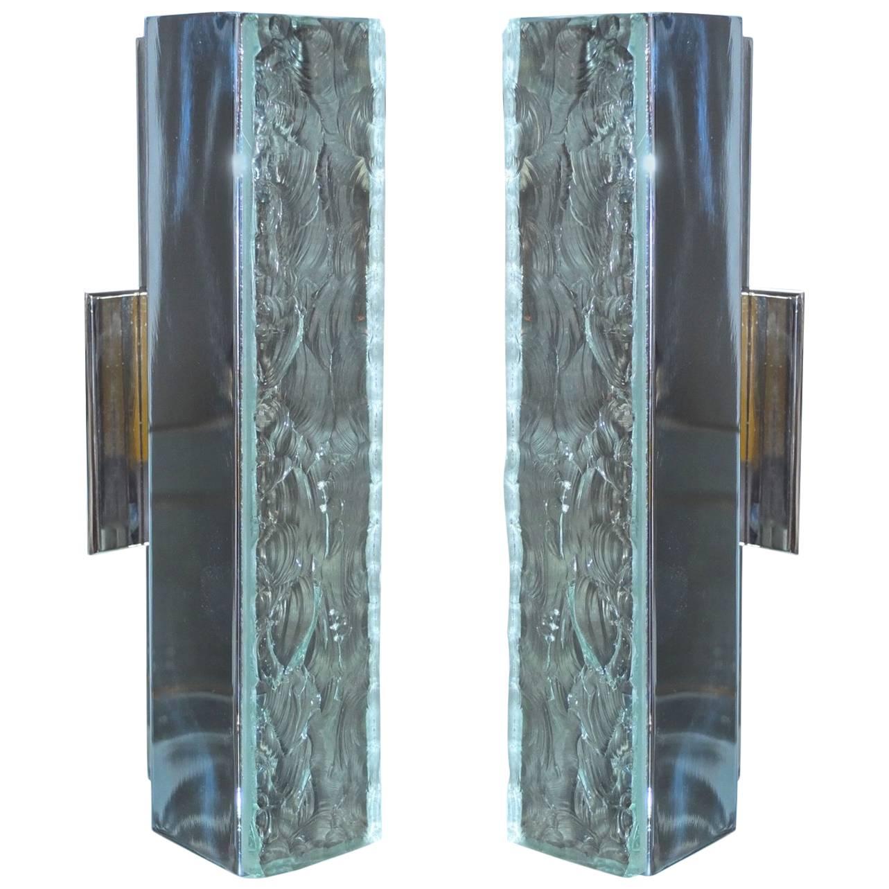 Pair of Max Ingrand for Fontana Arte Chiseled Glass & Nickel Wall Sconces