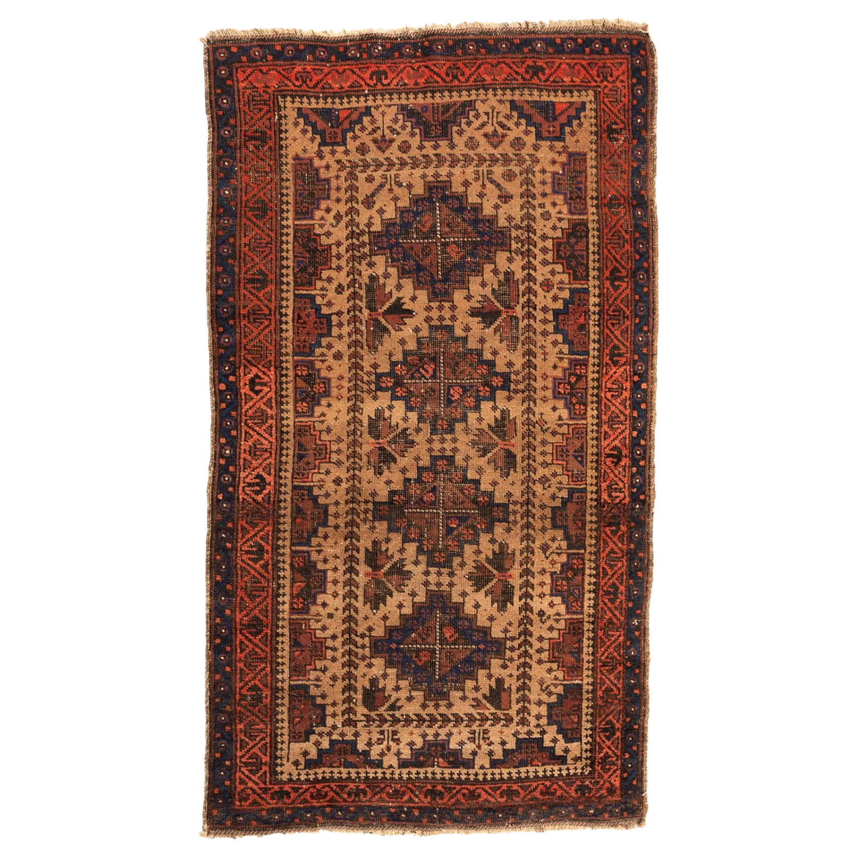 Caucasian Rust Navy Blue Brown Tan Geometric Tribal Baluch Mini Rug