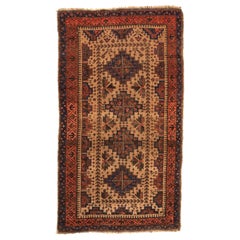 Caucasian Rust Navy Blue Brown Tan Geometric Tribal Baluch Mini Rug