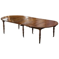 19th Century French Directoire Walnut Six-Leg Oval Dining Table with 3 Leaves