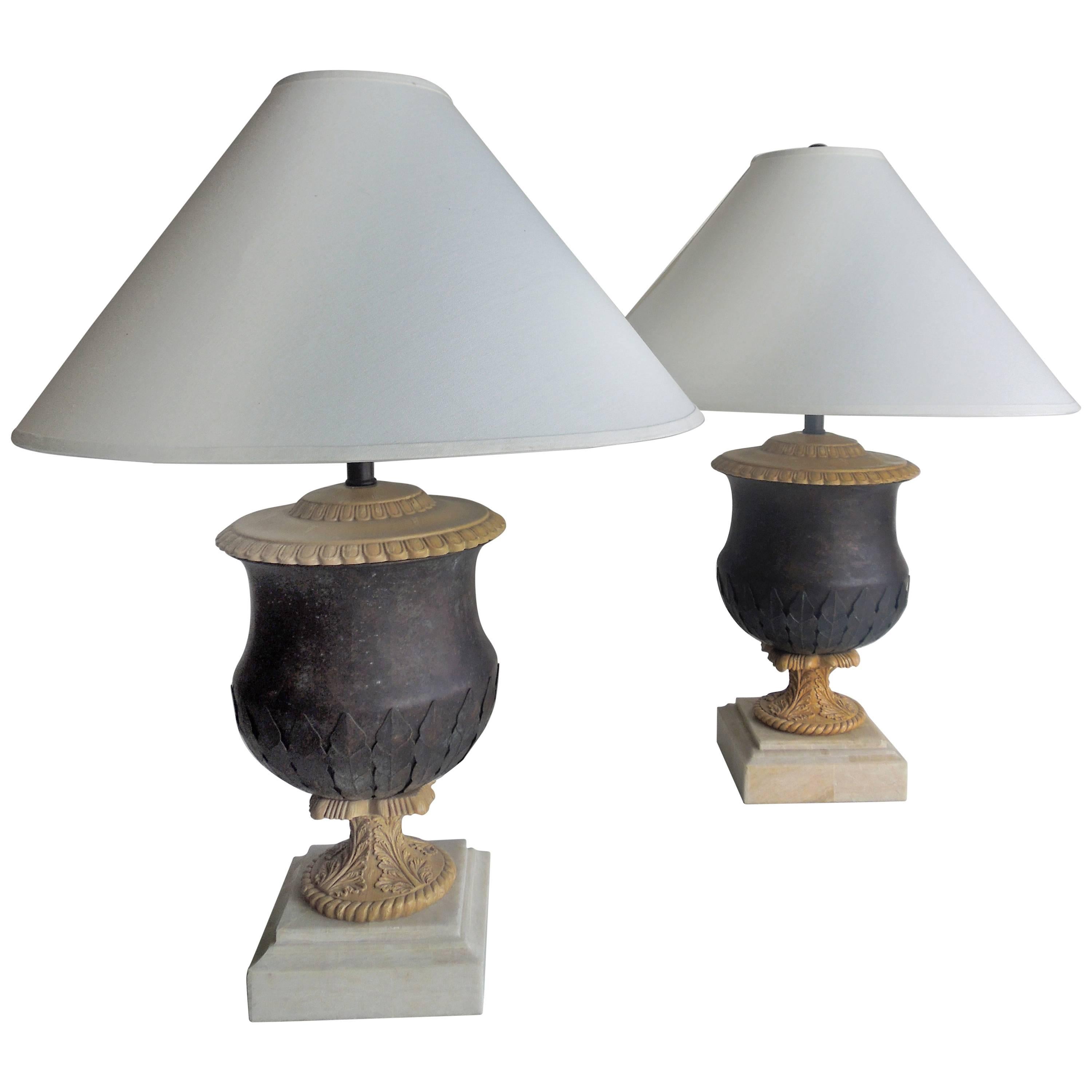 Pair of Large Vintage Metal and Marble Kreiss Lamps