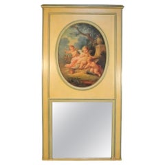 19th C French Louis XVI Style Cream Painted Large Trumeau Mirror with Cherubs