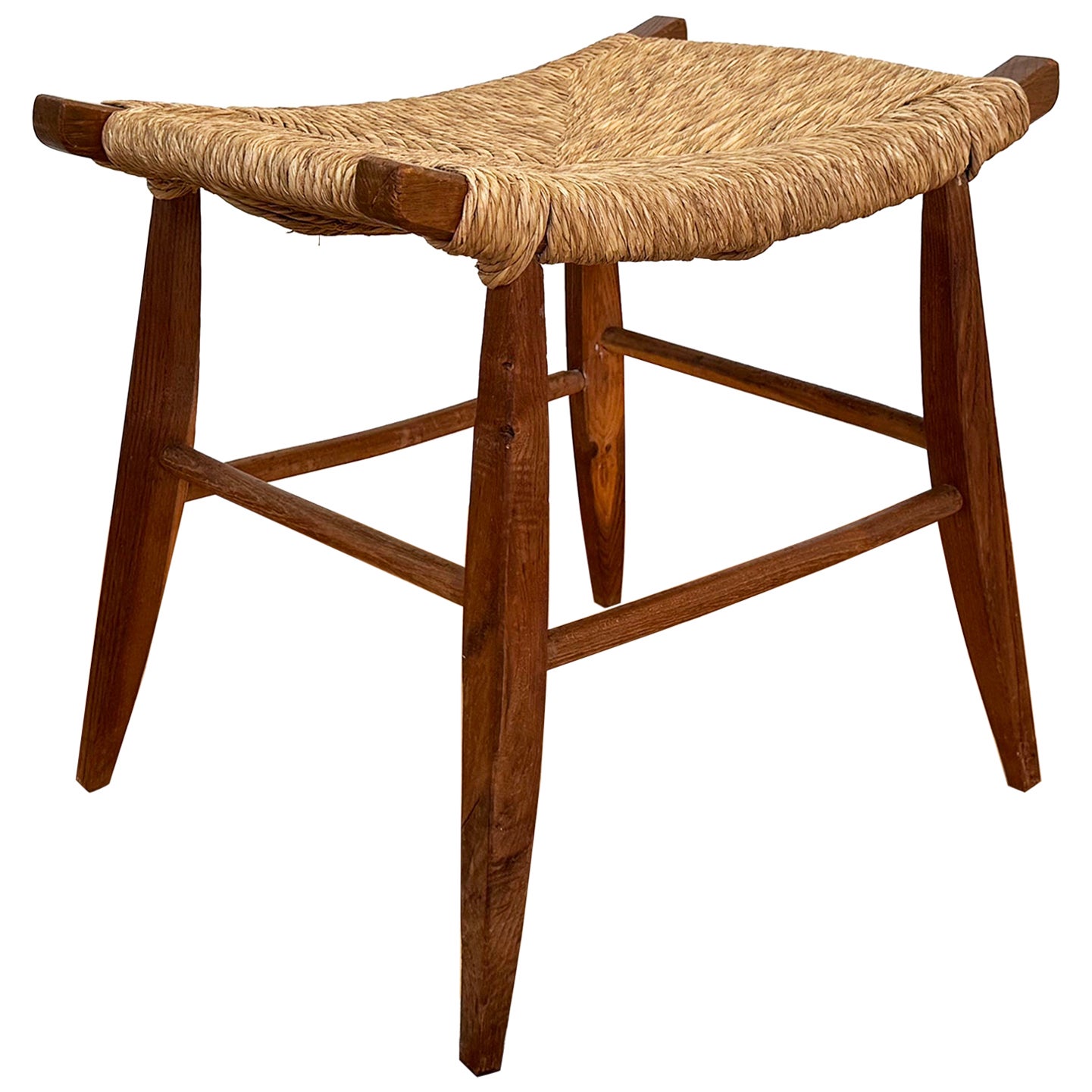 Mid-Century Danish Modern Woven Rush Ropecord Ottoman Footstool, Accent Seat