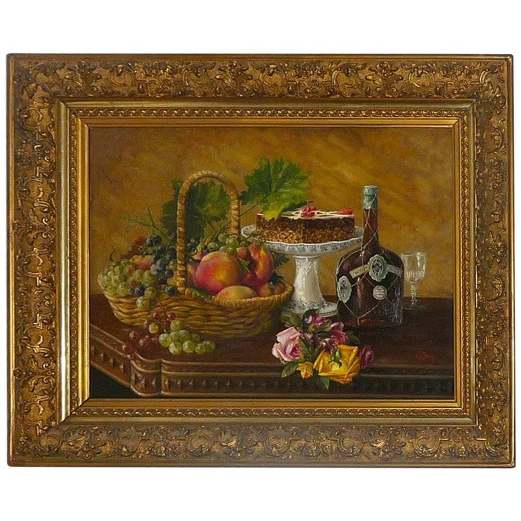 French Oil on Canvas Still Life Signed Brun, 19th Century For Sale