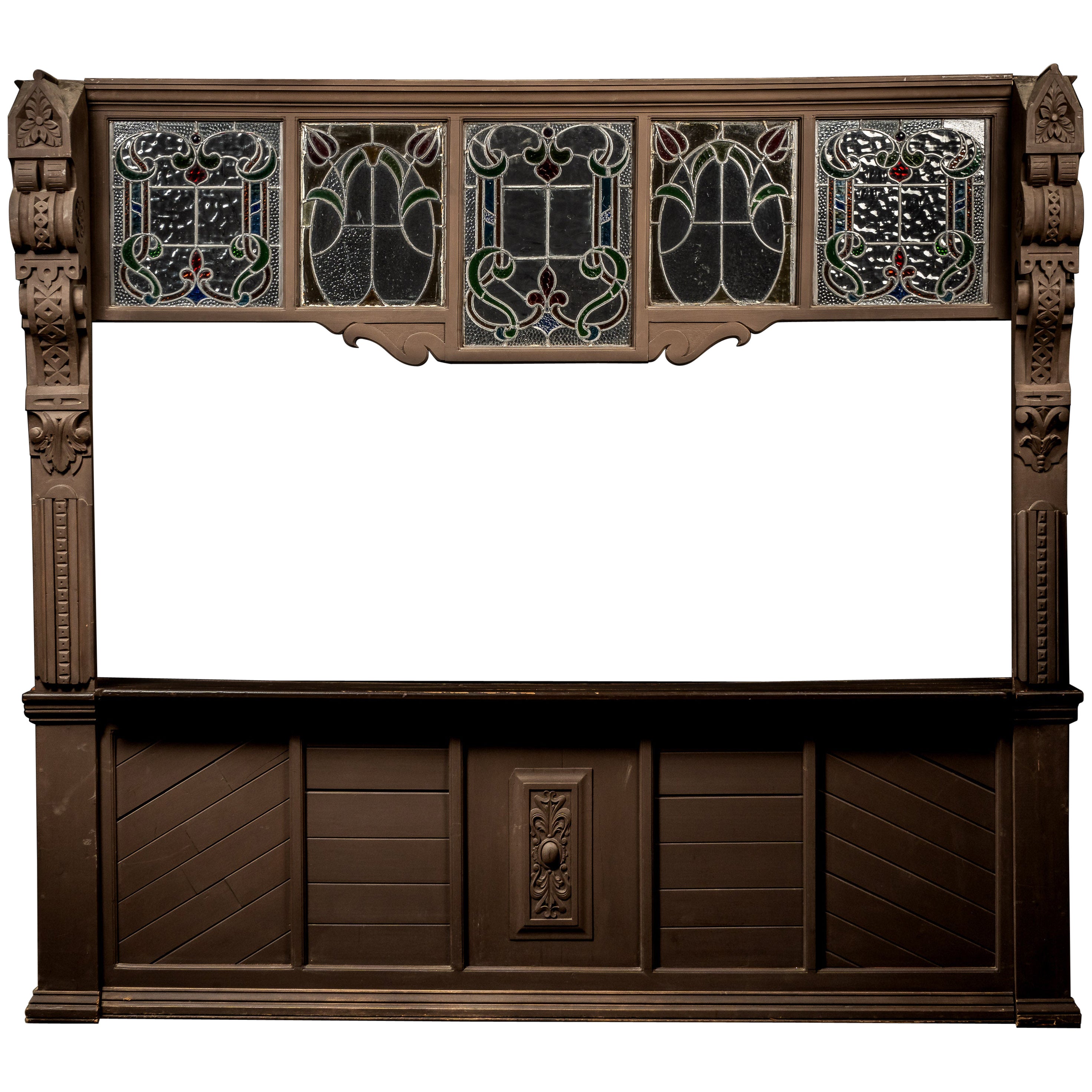 Antique Carved Wooden Dry Bar with Stained Glass Top