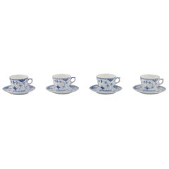 Royal Copenhagen Blue Fluted Half Lace. Set of four coffee cups with saucers.