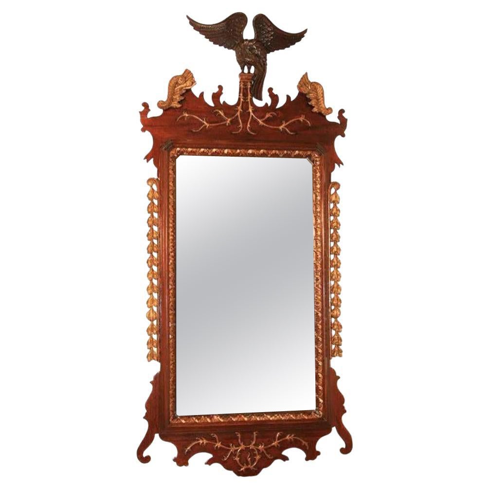 Grand miroir mural ancien de style Chippendale en acajou et bois doré Phoenix Bird