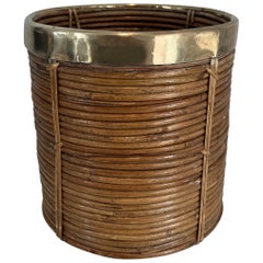 Rattan and brass wastebasket in the style of Gabriella Crespi