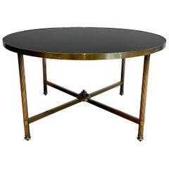 Round Brass Coffee Table with Black Lacquered Glass top by Maison Jansen