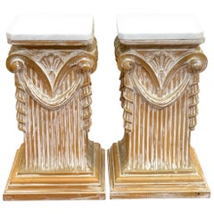 Pair of Modern Neoclassical Carved Wood Whitewashed Marble Pedestals