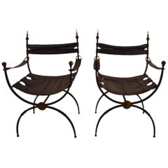 Vintage Pair of Italian Savronarola Iron Brass and Leather Chairs