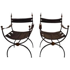 Pair of Italian Savronarola Iron Brass and Leather Chairs 8