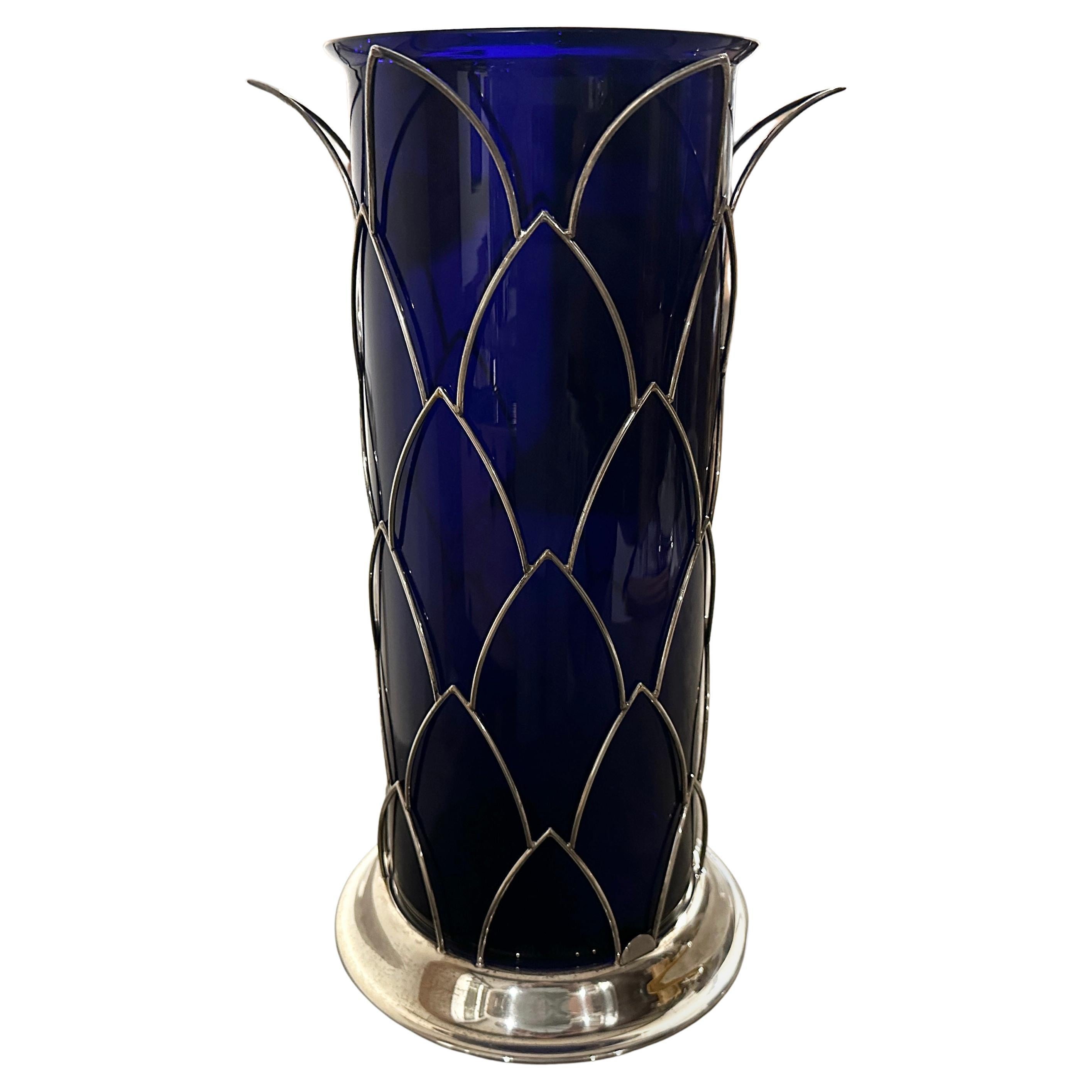 Vase moderniste des années 1980 en argent sterling et verre de Murano bleu par Cleto Munari