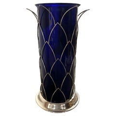 1980s Modernist Sterling Silver and Blue Murano Glass Vase by Cleto Munari