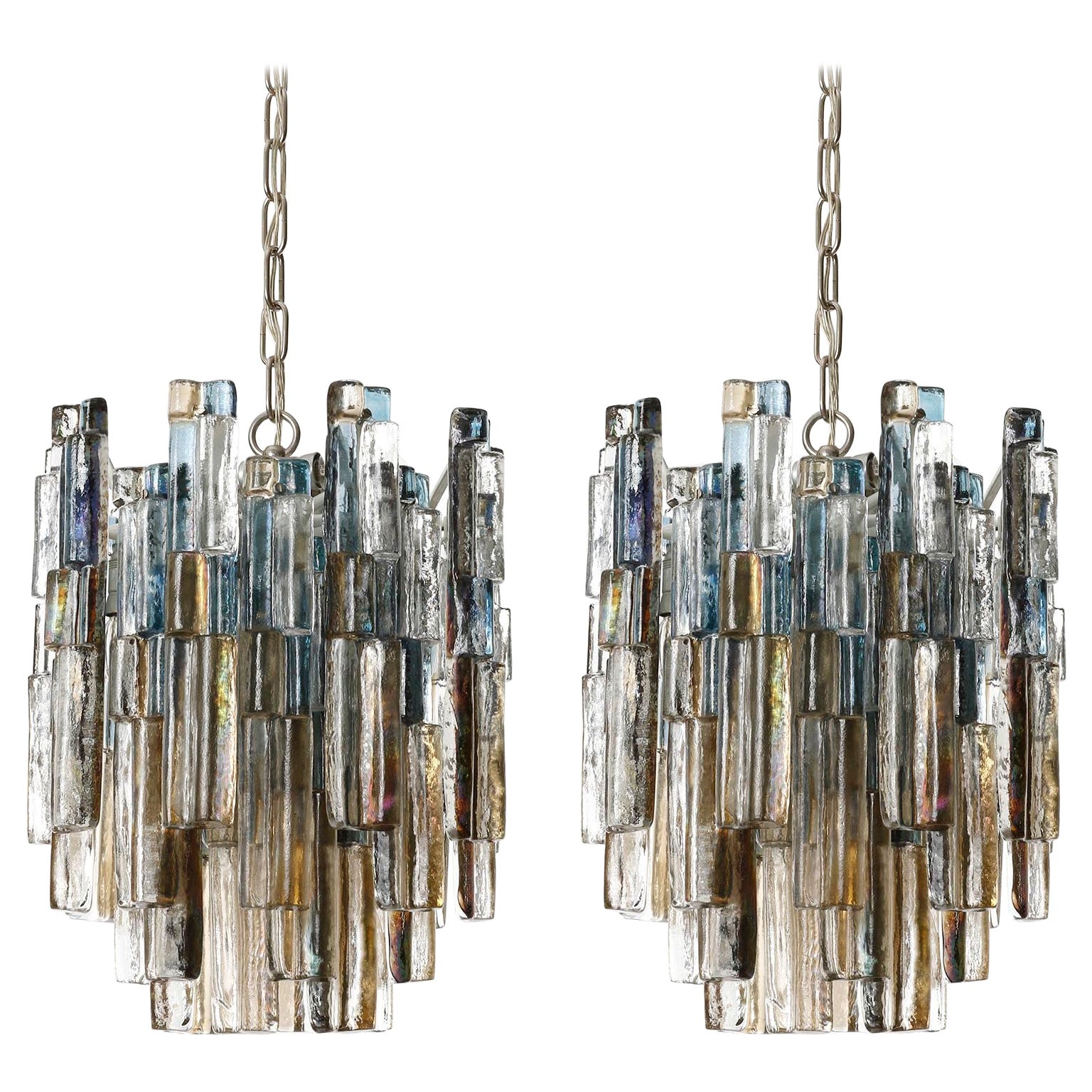 Paire de lustres en verre Kalmar Lighting Lights, verre ambré bleu Nickel, années 1970