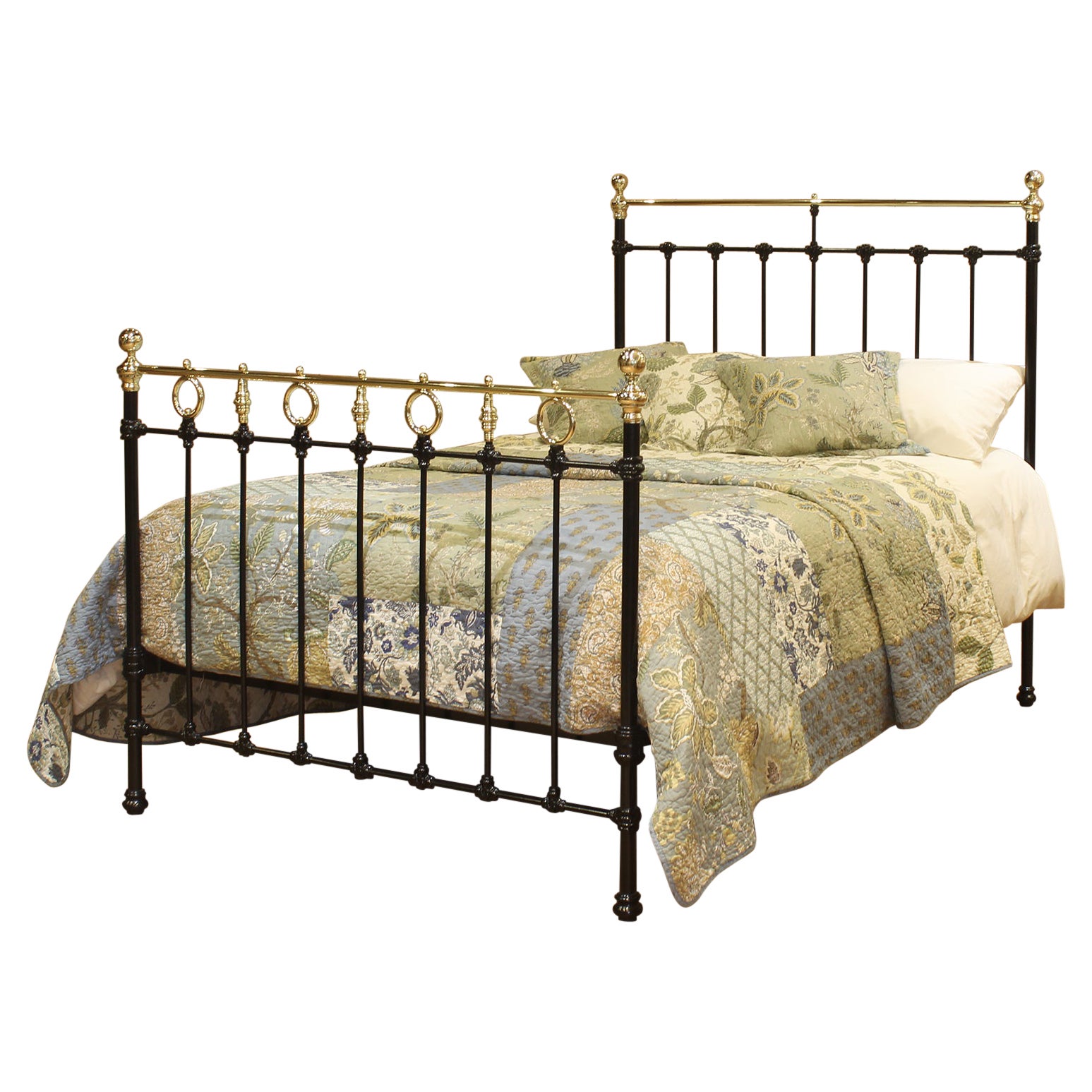 Double Antique Cast Iron and Brass Bed in Black with Decorative Features, MD162
